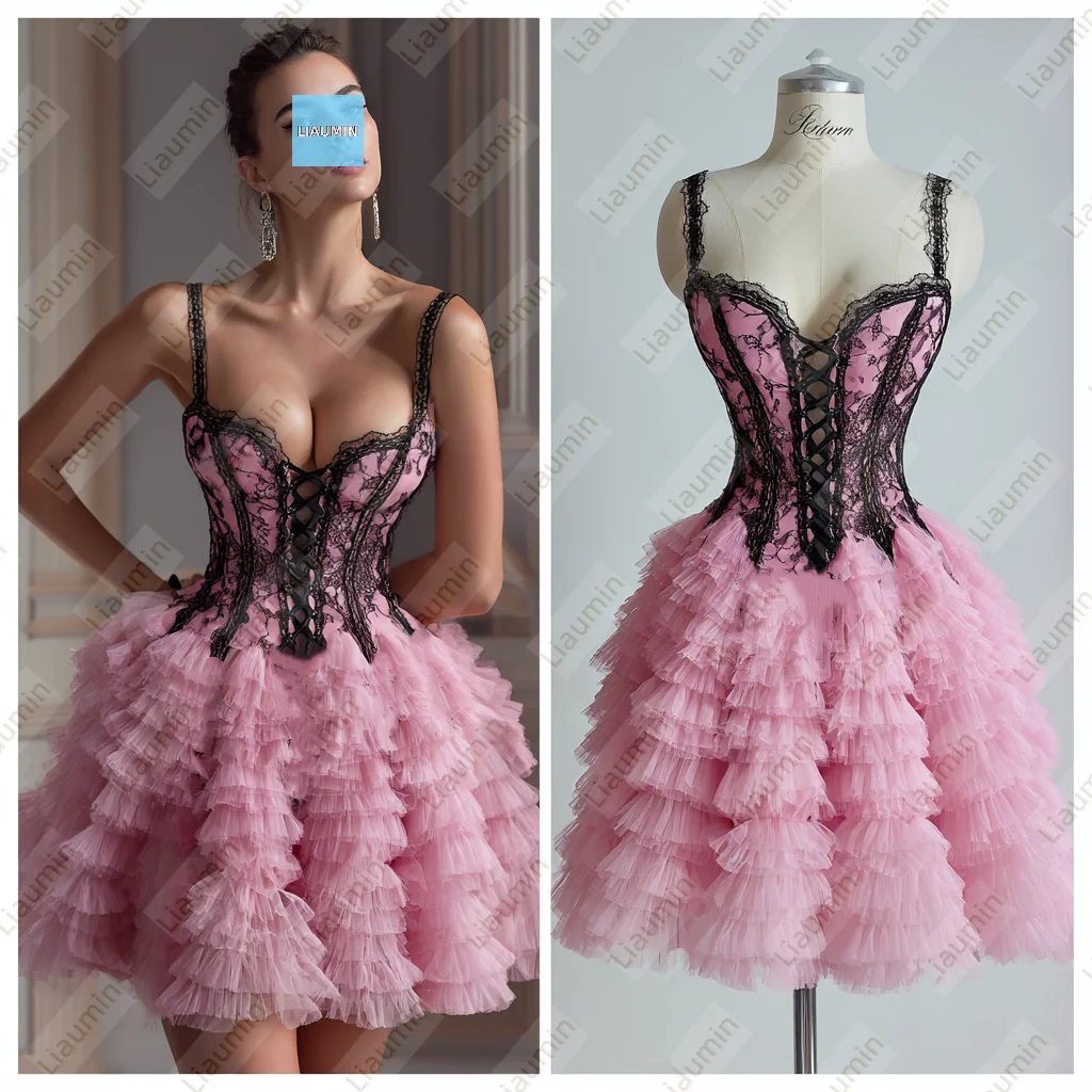 

Pink Tulle Spaghetti Straps Black Lace Applique Tiered Knee Length Evening Prom Wedding Formal Dress Lace-up Customized A7-1.40