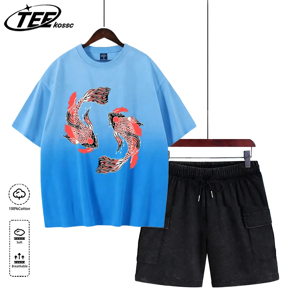 

Новинка: летний комплект из футболки с принтом «Летучий карп» в стиле Харадзюку и шорт из хлопка для мужчин и женщин, дышащий, для активного отдыха