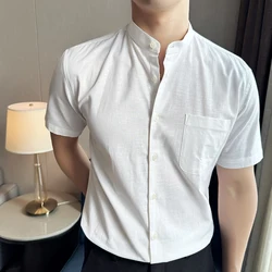 Men Linen Short Sleeved Shirt 2024 Summer Light Thin Breathable Chinese Style Stand Up Collar Solid Casual Shirt Men Clothing