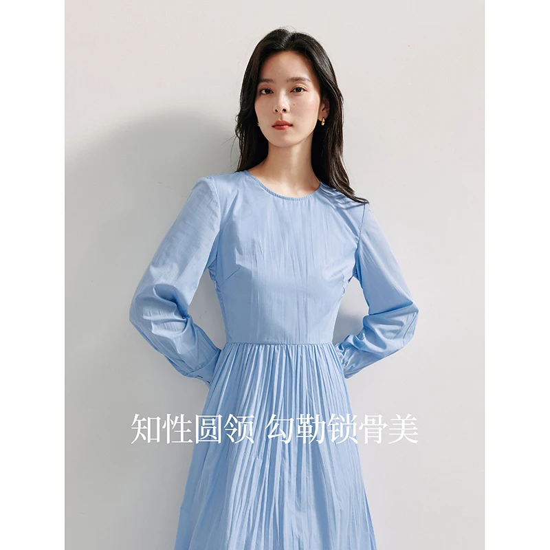 INMAN 2024 autumnwinter French chic women's dresses Pleated Design long-sleeved loose waist long skirts