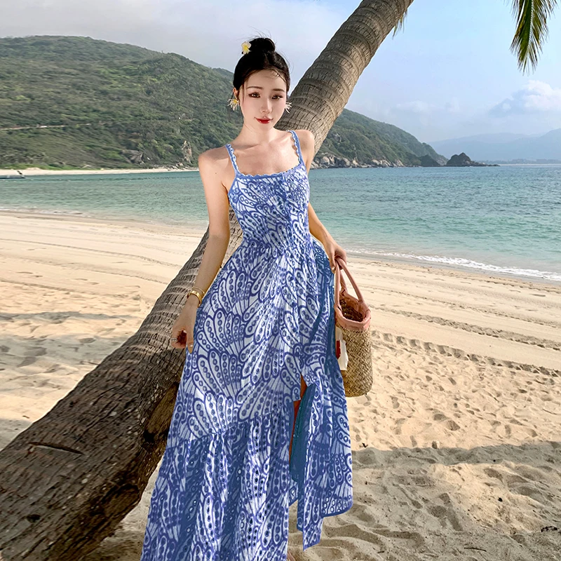 

High Quality Embroidery Elegant For Women Summer Female Slash Neck Spaghetti Strap Ruffles Sleeve High Waist Beach Holiday Dress