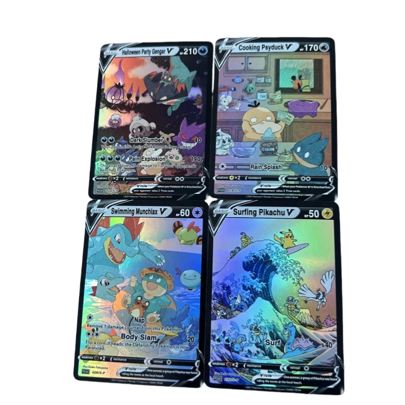 4Pcs/set Pokemon Pikachu Psyduck English Version Color Flash Self Made Diy Anime Game Characters Collection Card