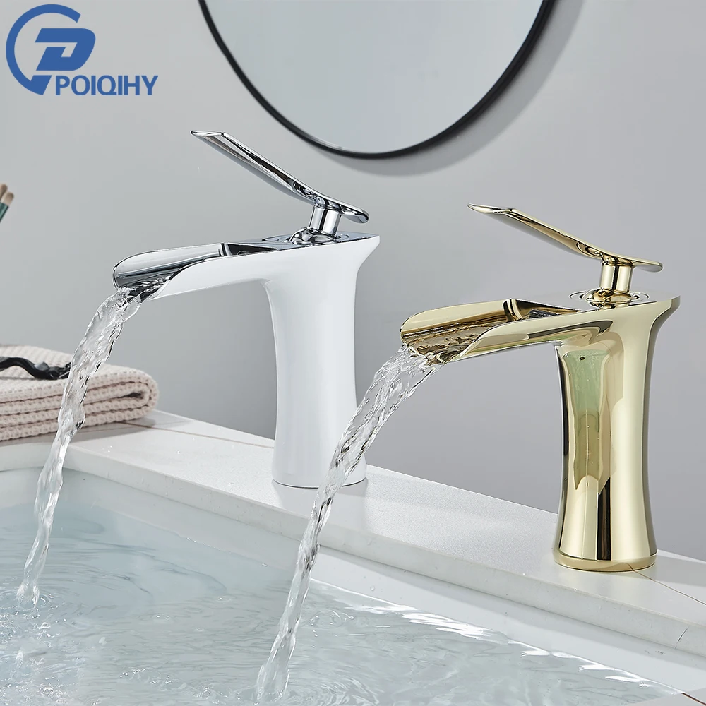 

White Basin Faucet Waterfall Spout Bathroom Mixer Tap Deck Mounted Brass Bathroom Sink Faucet Single Handle Hot Cold Water