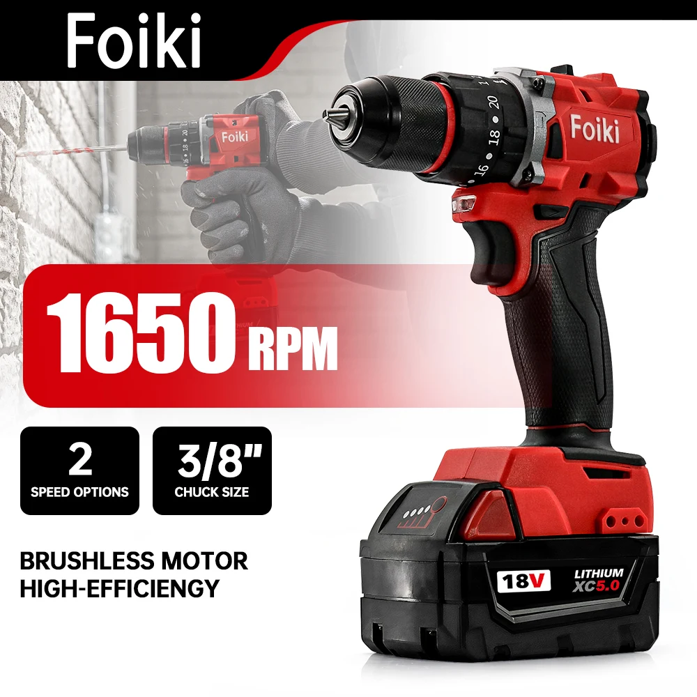Taladro de impacto sin escobillas Foiki de 18 V, velocidad ajustable de alto par de 60 N · m para decoración profesional/montaje de muebles/proyectos de bricolaje