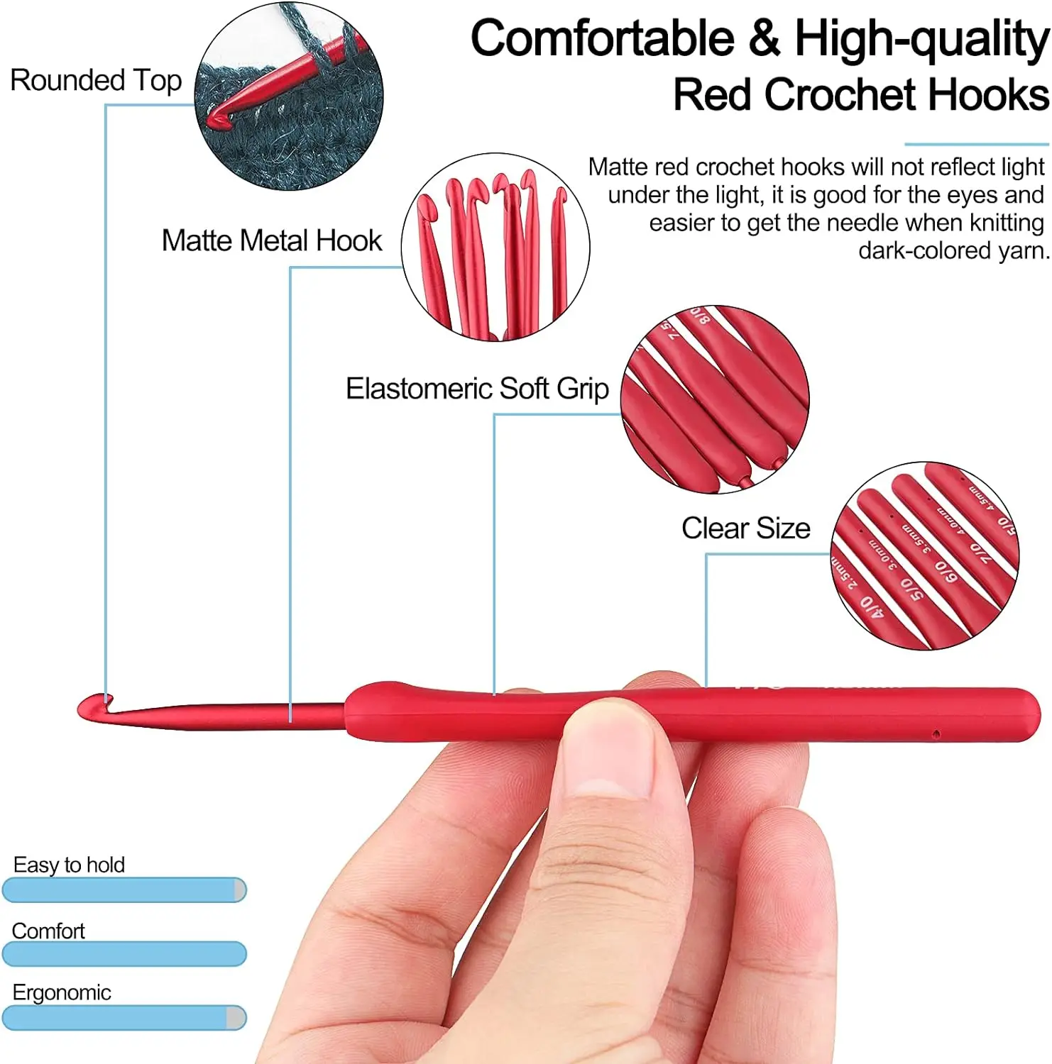 Red Crochet Hook Needle Silicone Handle Aluminum Crochet Needle Set Ergonomic Crochet Hooks for Arthritic Hands Crochet Gift9Pcs