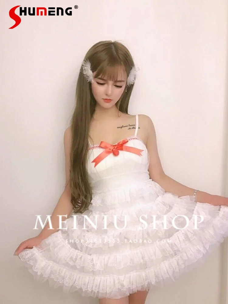 

Girl Princess Bow Strawberry Puffy Fungus Lace Sling Dresses Sweet Summer Tiered-Ruffle Ruffled High Waist Strap Cake Dress