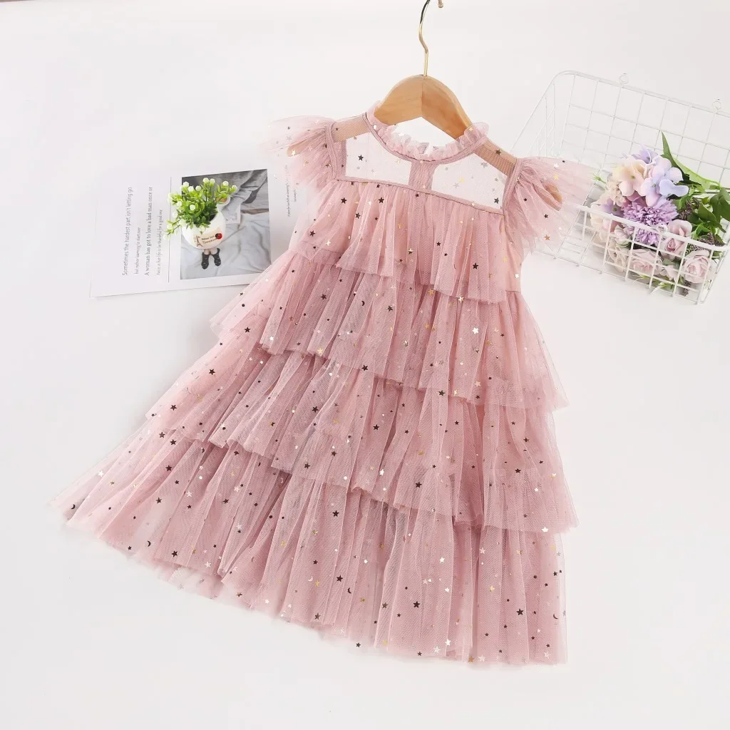 Baby Girl Clothes Infant Stars Sequined Princess Dress Toddler Polka Dot Ruffle Flying Sleeve Mesh Dresses Children Outrfits