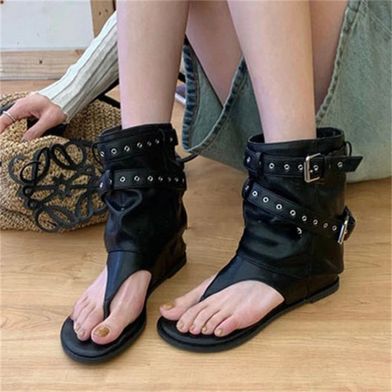 Summer Design Belt Buckle Strap Woman Ankle Boots Sandals Fashion Round Clip Toe Square Flat Heels Ladies Shoes