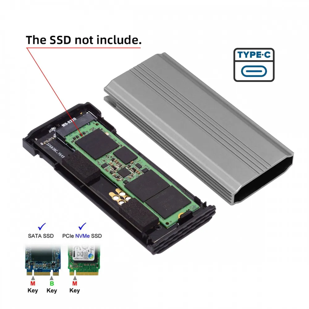 Hard Drive Adapters M.2 NGFF NVME M-key SATA SSD to Type-C USB3.2 20Gbps PCBA Enclosure Support 2280/2242/2260mm RTL9220