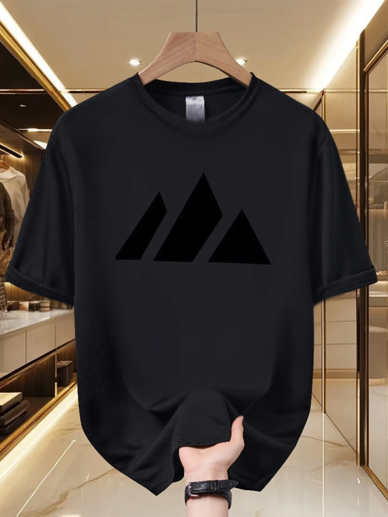 Men Basic Streetwear T Shirt Abstract Three Triangle Geometric Chest Print Crew Neck Black White Casual Short Sleeve Top