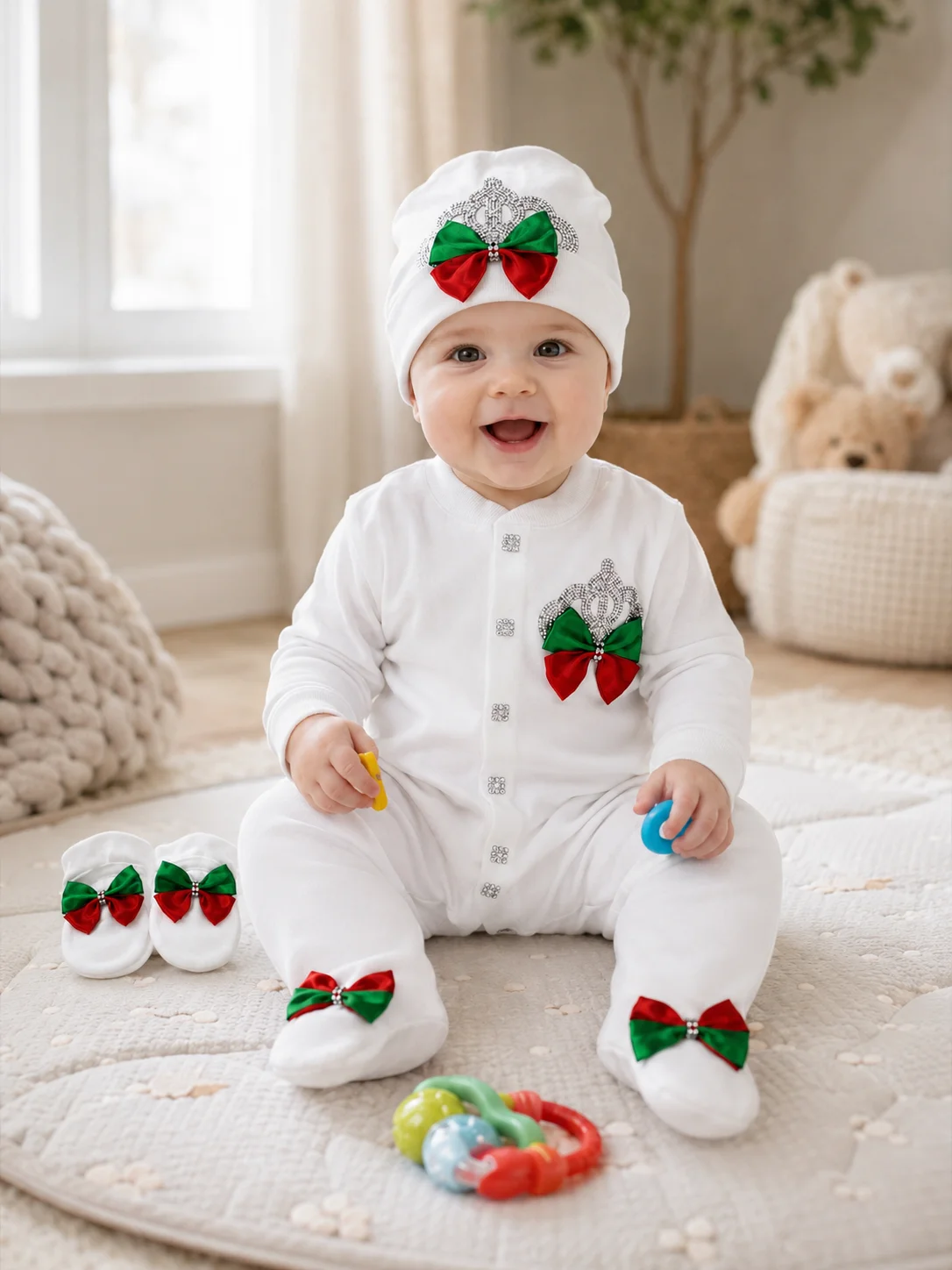 フランス製ソフトホワイトベースのクリスマスサテンリボン付きラインストーンクラウンフット付きロンパース、帽子、ミトン3点セット新生児女児ギフト衣装セット