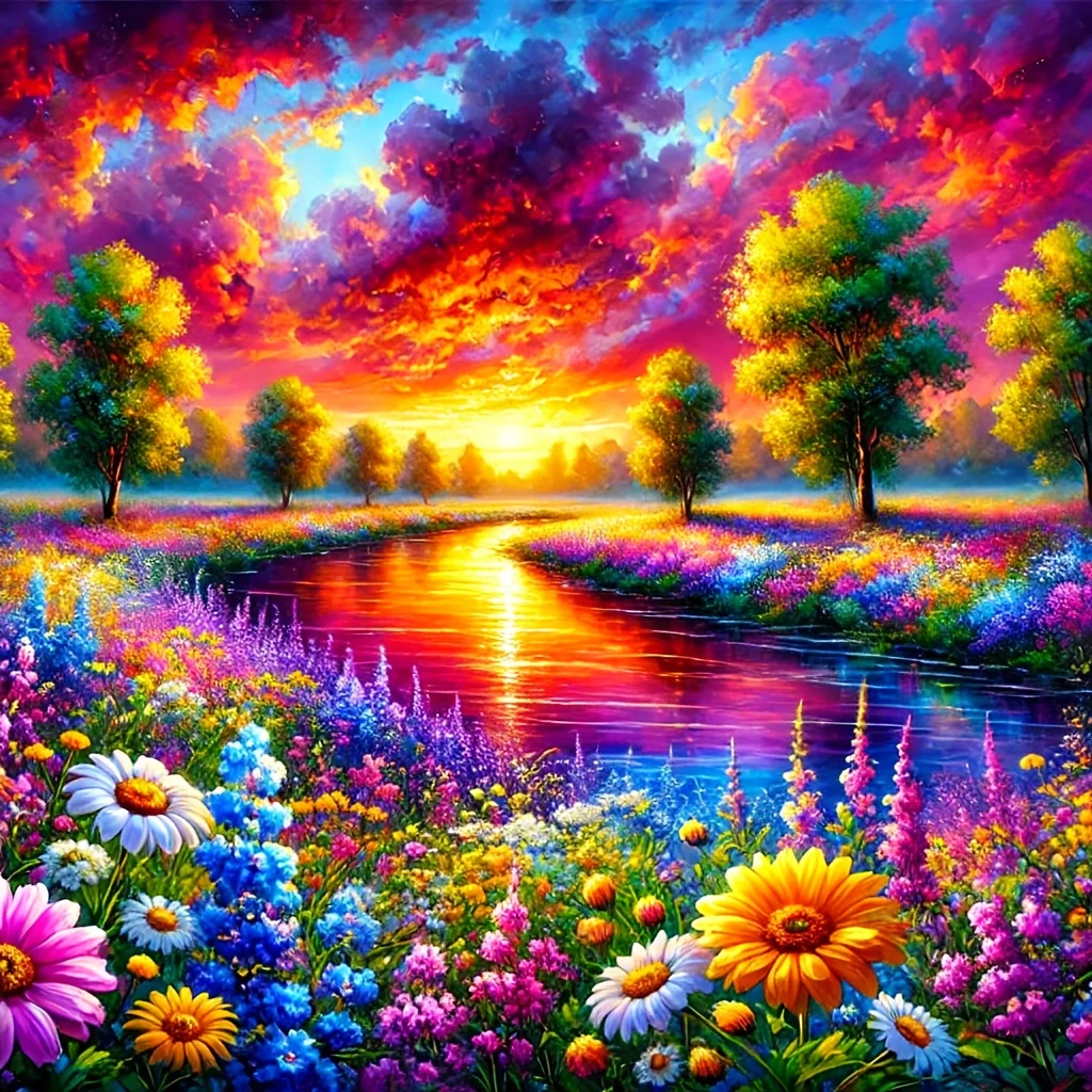 A Set of Frameless "Flower World at Sunset" Diamond Paintings, Full-round Design Diamond Art Crafts, Mosaic Decorative