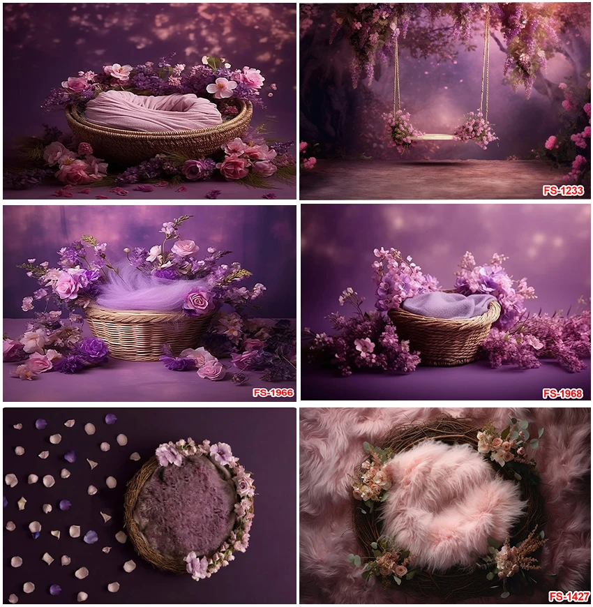 Baby Portrait Basket Flowers Purple Pink Swing Soft Blanket Newborn Shower Backgrounds Birthday Backdrops Photo Shoot Banner