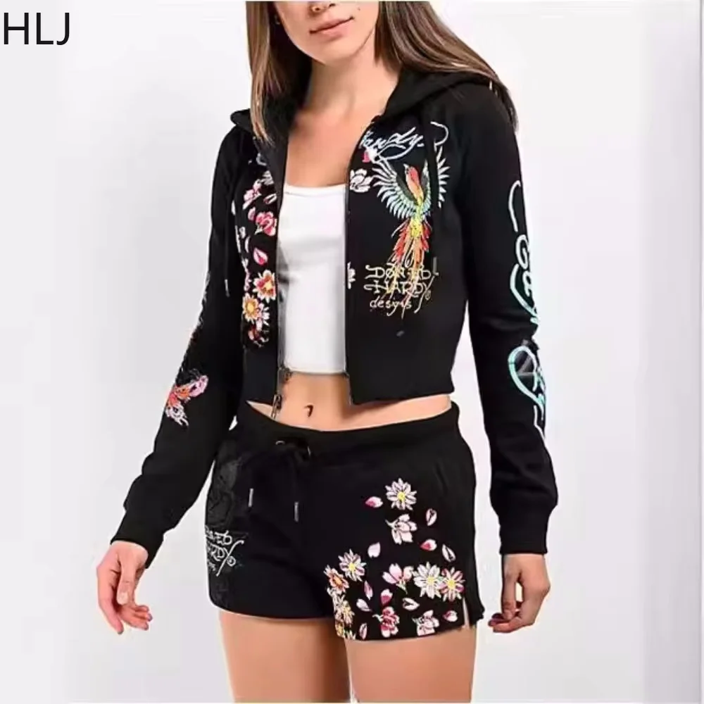 HLJ Black Fashion Pattern Printing Y2K Trend Streetwear Women Hoody Zipper Long Sleeve Crop Top And Shorts Two Piece Set Outfits