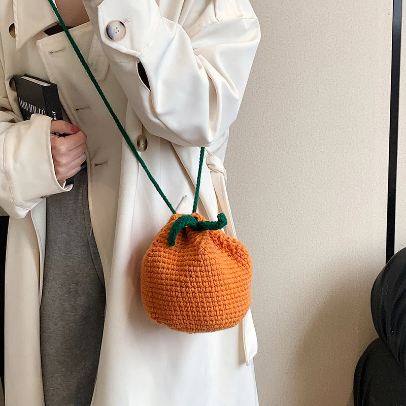 Hand-woven crochet wool bag fruit orange lovely cross-body women\'s bag ins knitting mini bag lovely fashion women\'s bag