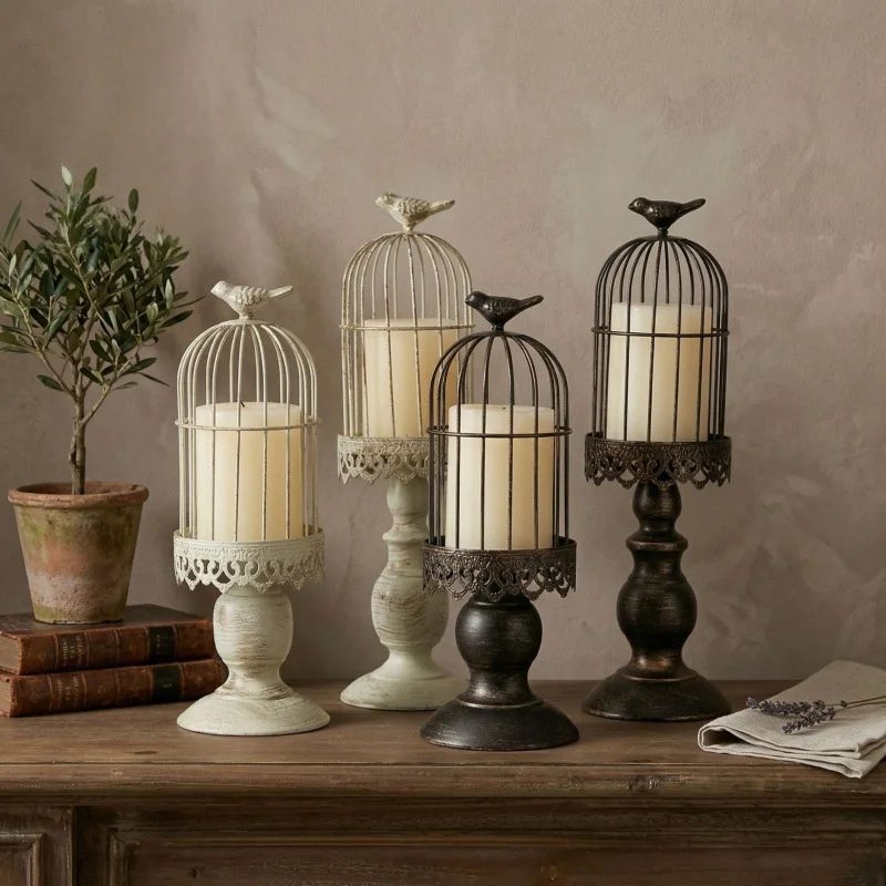 2Pcs Vintage Candle Holder Iron Bird Cage Shape Candlestick Detachable Stable Base Desktop Decoration for Bedroom Restaurant Hot