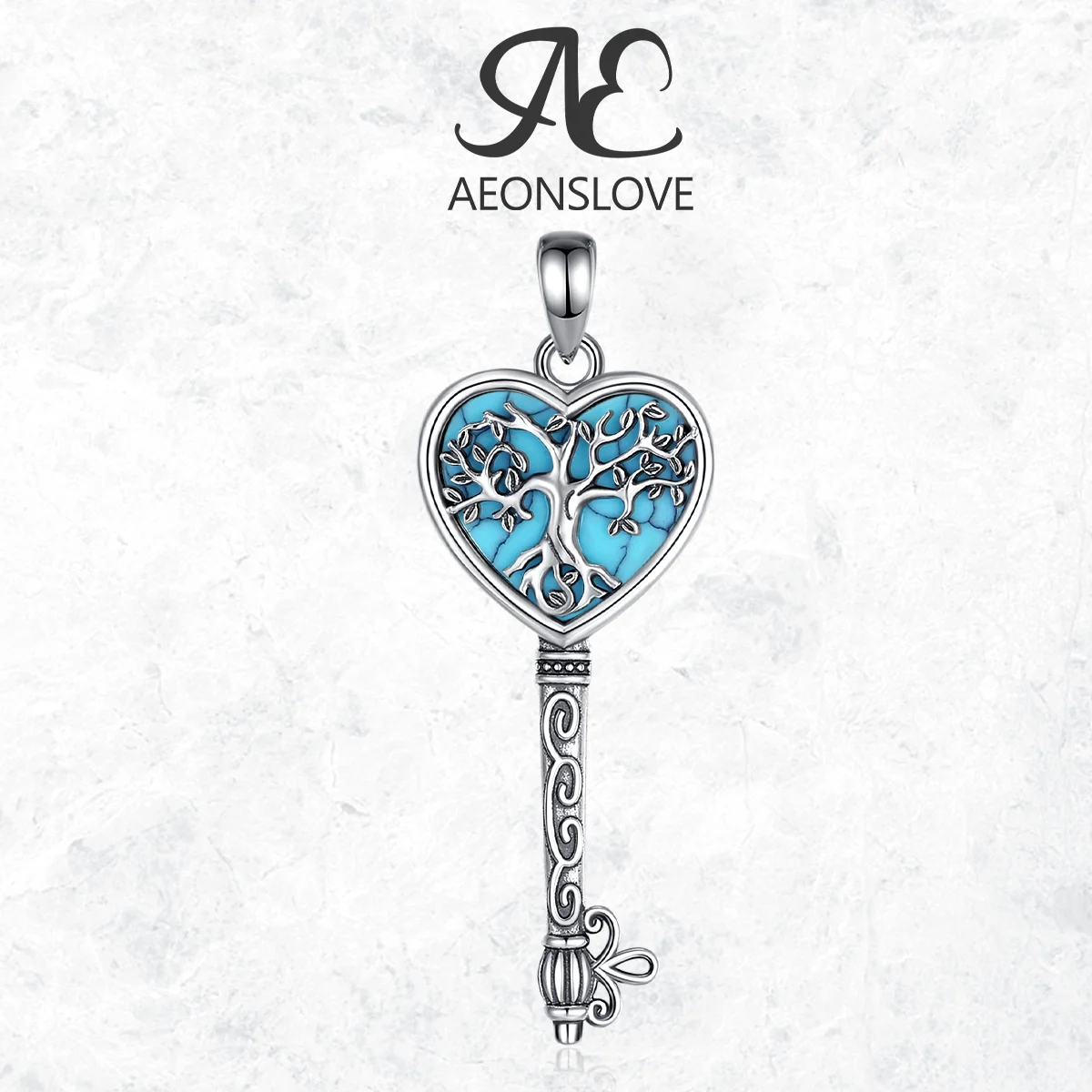 AEONSLOVE 925 Sterling Silver Tree of Life Turquoise Necklace Women Yggdrasil Heart Key Pendant Spiritual Jewelry Witch Amulet