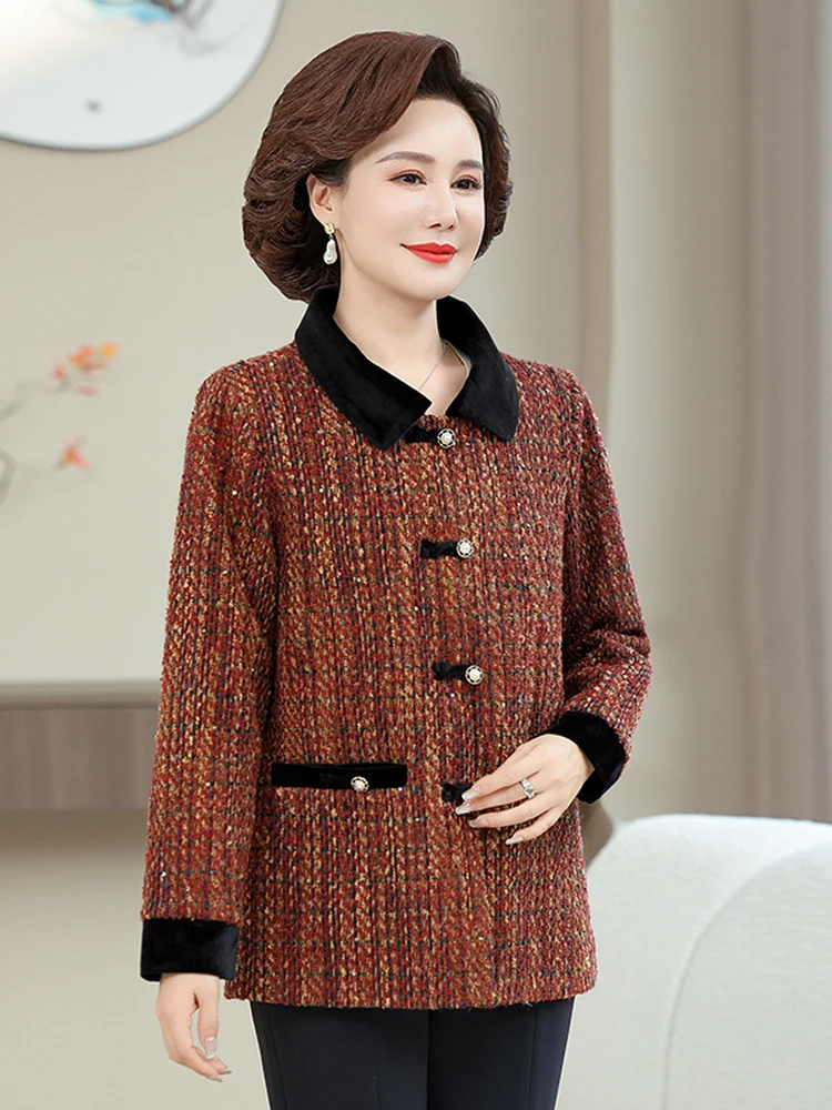 New Spring Fashion Woolen Coat for Middle-Aged And Elderly Women Loose Fit  Collar Large Size Chinese Style Jacket