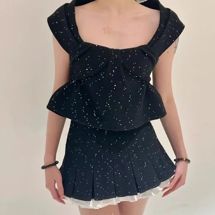 

Художественный черный шерстяной жилет и комплект orts с длинной юбкой iny Knot oulder для молодых женщин, осень 2024, осень 2024