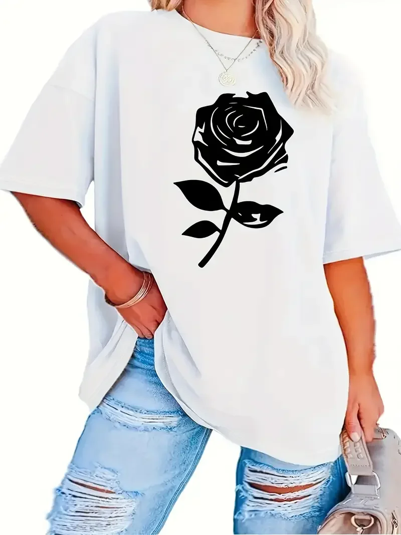 Plus Size Rose Print T-Shirt Casual Short Sleeve Crew Neck T-Shirt For Spring & Summer Women\'s Plus Size Clothing