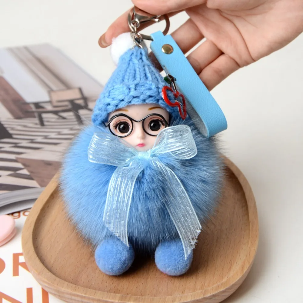 Eye Glass Doll Cute Pompom Keychain Real Fur Ball Plush Pompom Doll Keyring Cherry Car Key Ring Baby Doll Ball Key Chain Women