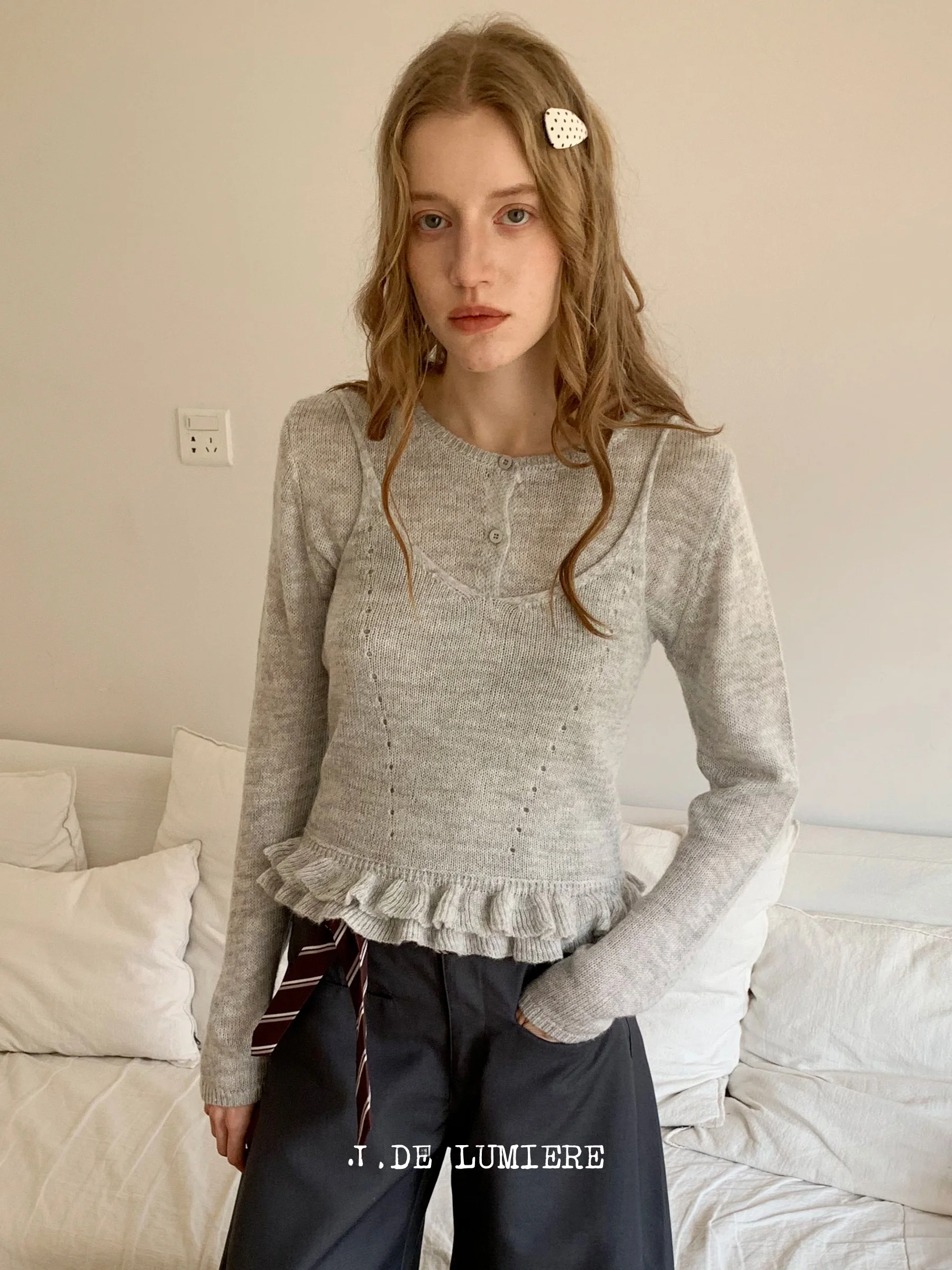 

JDE Slimming Anti-Aging Women's Knitted Cardigan Set with Lace Trim Tank Top Inner Wear Long Sve ort Length Slim Fit