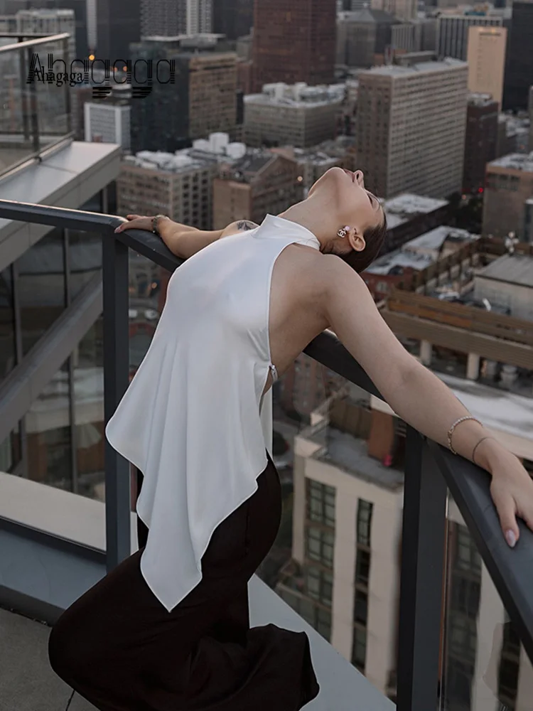 

Ahagaga Fashion Women's Tops Solid Sleeveless Half High Collar Irregular Eelgant Classic Style Bandage Tees Backless Sexy Skinny