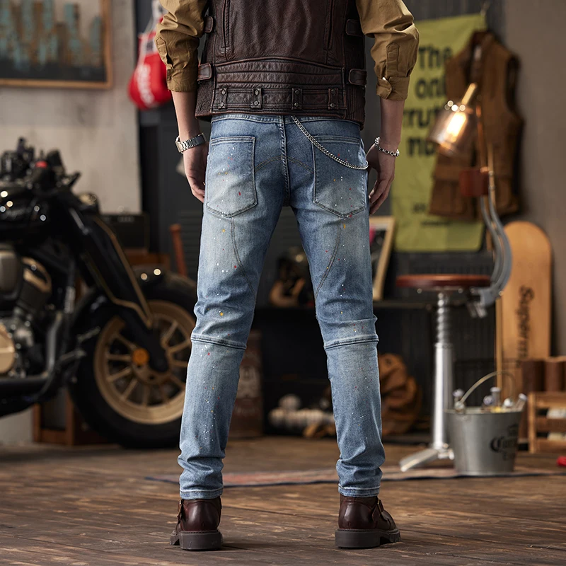 Stitching Motorcycle Jeans Men\'s Slim Fit Skinny High-Grade Washed Blue Retro Distressed J Tight Motorcycle Trousers