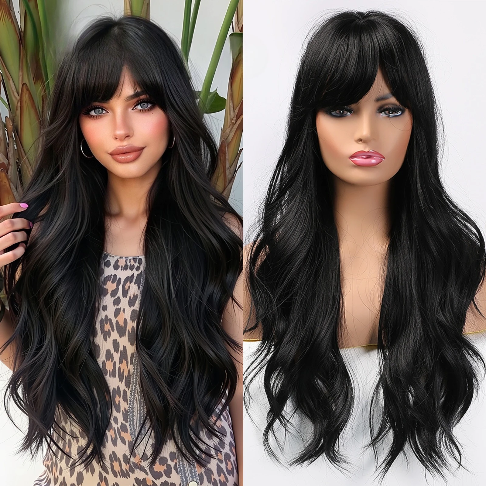 

Wig black long bangs long curly hair European and American wig female full headgear high temperature silk