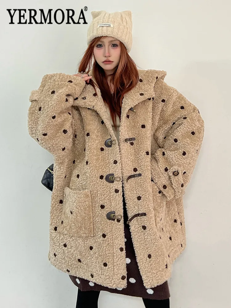 YERMORA Coffee Dot Button Pocket Thick Jacket For Women Hooded Long Sleeve Loose New Coat Fashion Tide Autumn Winter 2025