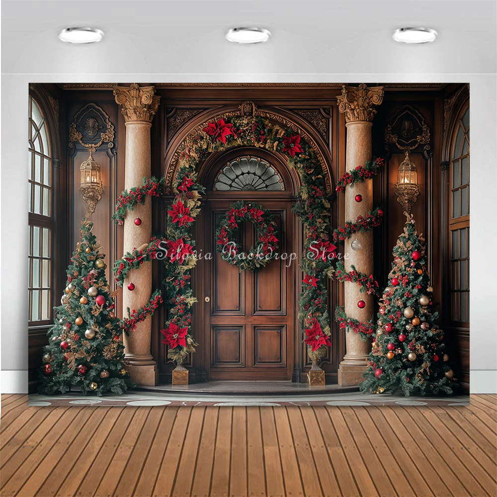 Vintage Gorgeous Door Christmas Background Xmas Tree and Gifts Photography Backdrop Adult Kids Portrait Photo Studio Props