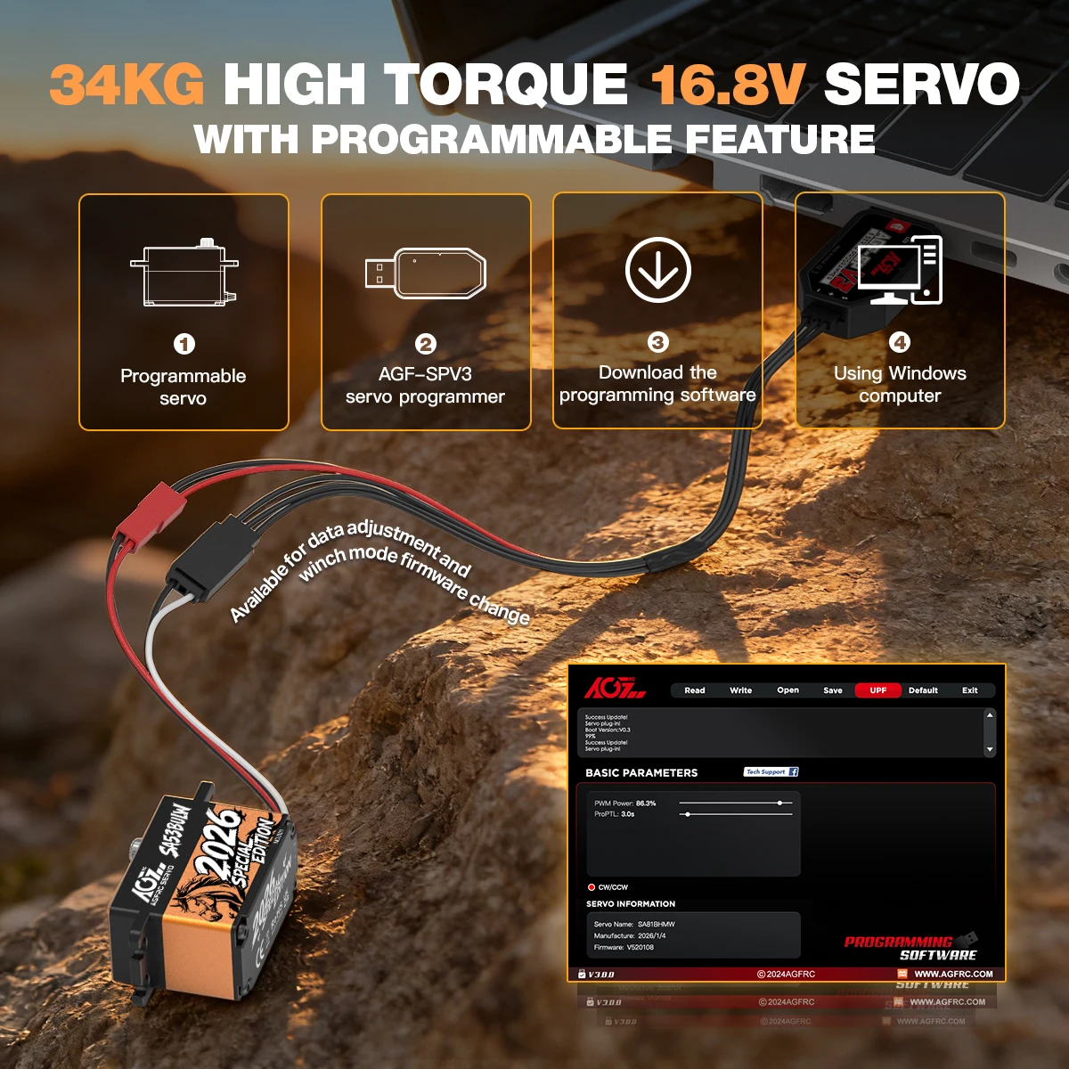 AGFRC SA53BULW 2026 34KG Low Profile RC Servo Motor16.8V Waterproof Programmable Brushless Smart Servo for 1/10 1/8 RC Car