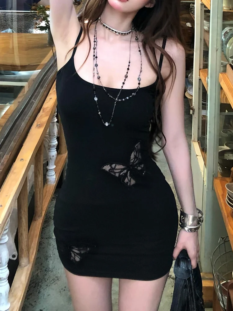 Zomer Spaghetti Band Mini Jurk Vrouwen Sexy Bodycon Club Party Jurken Hol Vlinder Hemdje Zwarte Schede Zonnejurk