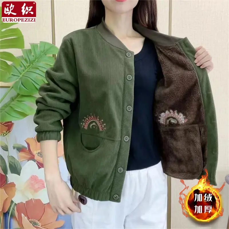 New Striped Embroidered Western-style Cotton Jacket for Mothers Z-slimming Embroidery and Thick Velvet Warm Jacket