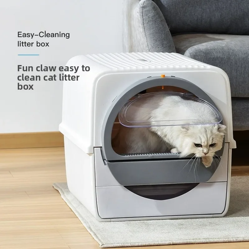 Hand-Pull Semi-Automatic Cat Litter Box Enclosed Toilet with Scoop Large Space Odor Control for Indoor Cats Easy Clean