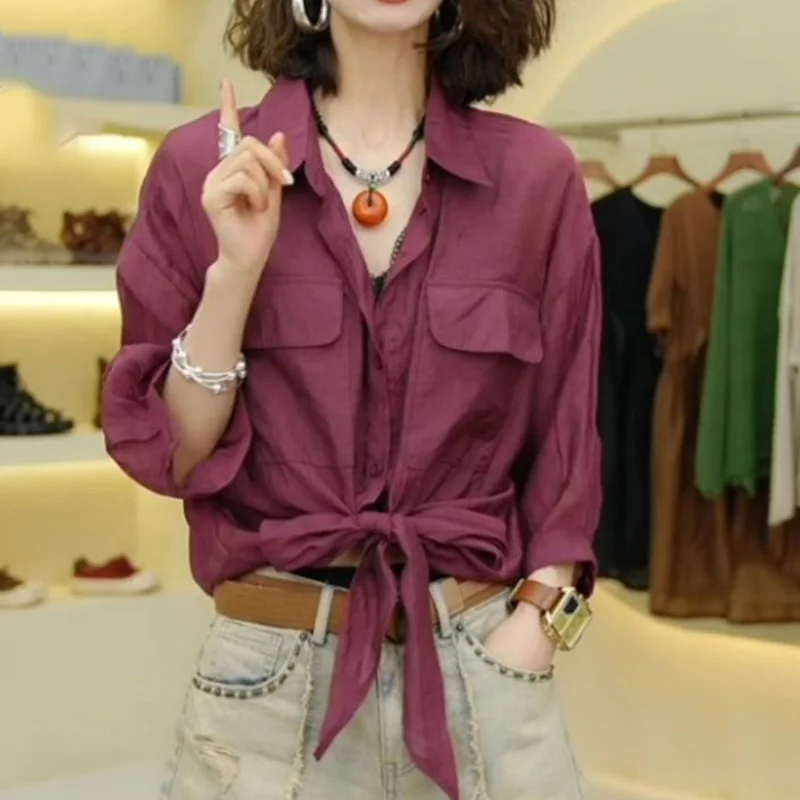 Fashion Solid Color Spliced Loose Pockets Bandage Bow Shirt Women\'s Clothing 2023 Summer New Oversized Casual Tops Korean Blouse