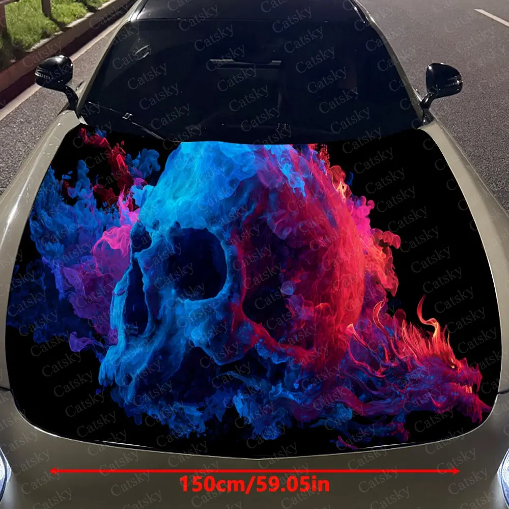 Vivid Blue - Red Flame Skull and Dragon Auto Cover Sticker, Waterproof and Self-adhesive Auto Hood Decal, Auto Vinyl Wraps, Cool