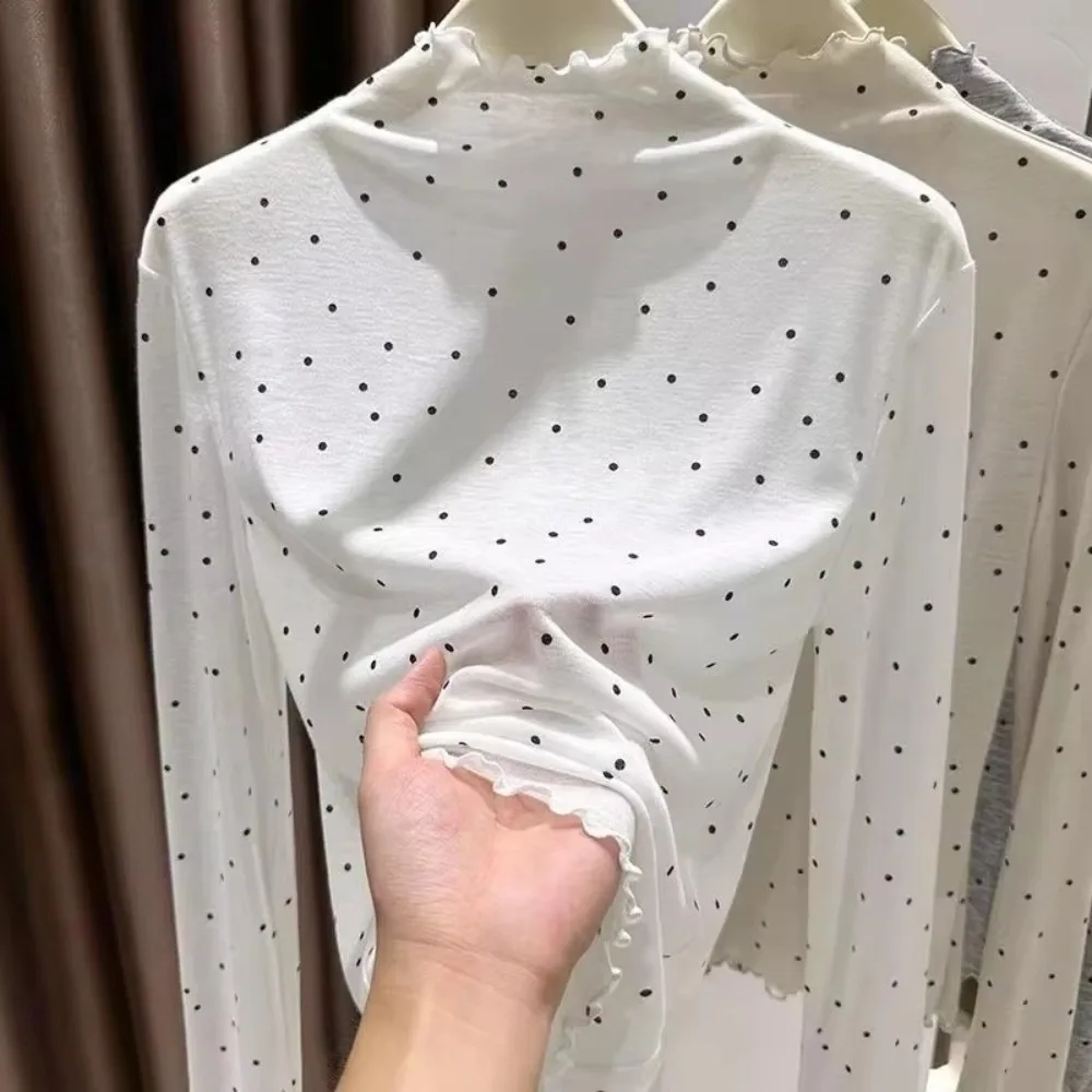 New Half High Collar Polka Dot Top Slim Fit Polyester Blend Long Sleeve Top Slight Stretch Turtleneck Shirt Everyday Wear
