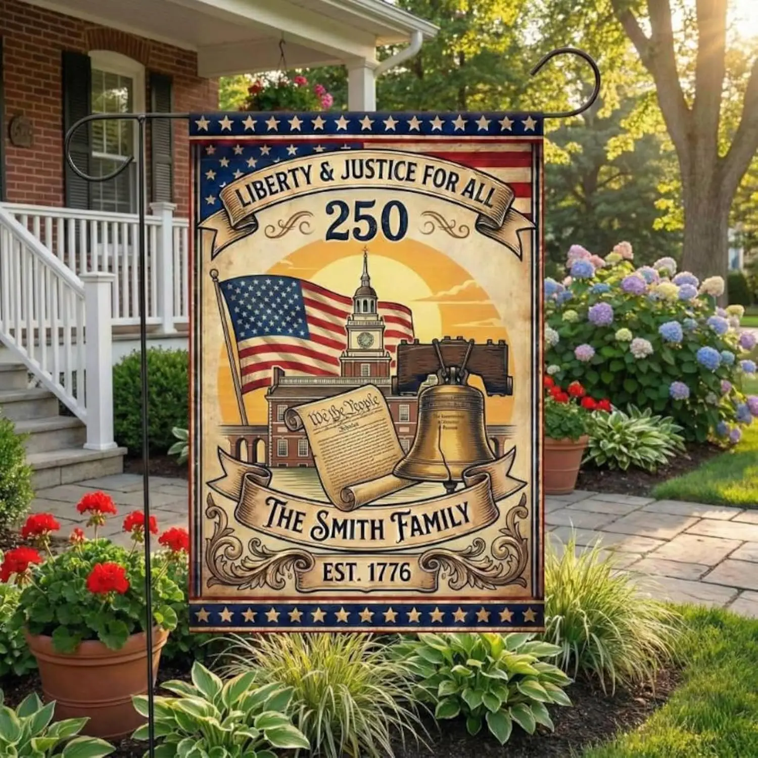 Custom Liberty & Justice For All Garden Flag Custom Family Name 250 Years America Yard Flag Cross 250th Anniversary Amer MMZ