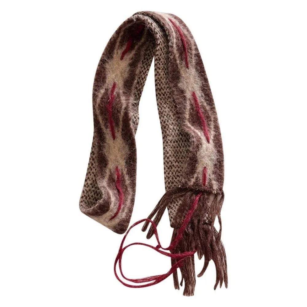 Stylish Hand Stitched Knit Scarf Diamond Pattern Soft Warm Neck Warmer Cold-proof Narrow Decorative Scarf for Women