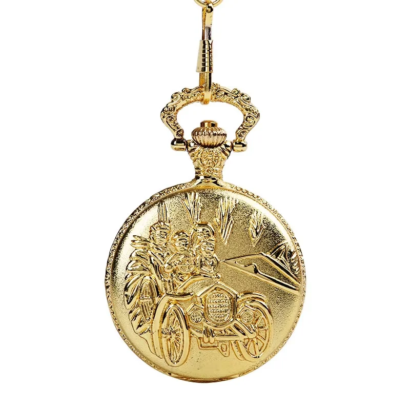 

0200Vintage large thick chain gold color classical three villain driving flip pocket watch with necklace