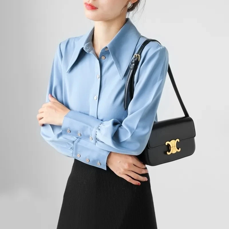 Satin Blue Shirts Women Korean Design Pointed Lapel Smooth Blouses Casual Loose Spring Camisas New Soft Tops Office Blusas 2024