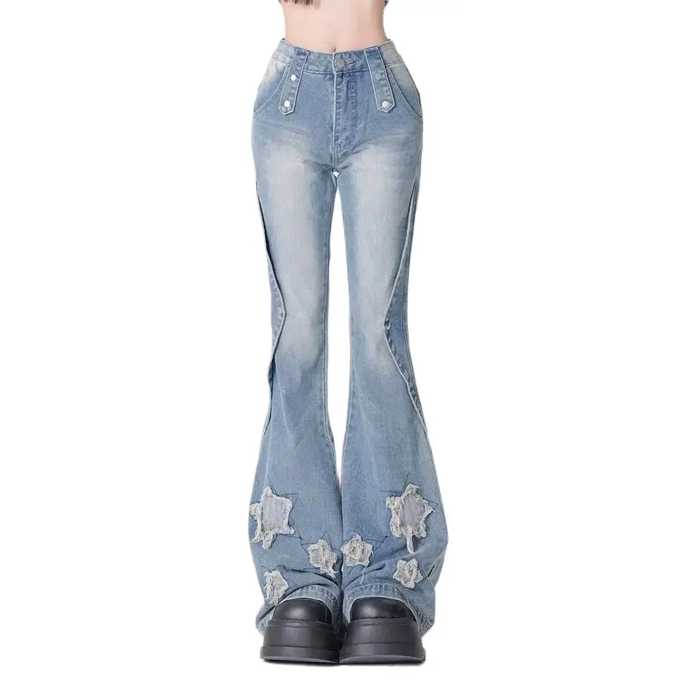 

Bell Bottoms Jeans Star Rough Edges 2024 Fashion Blue Denim Women Star New Design High Waist Slim Streetwear Vintage Jeans