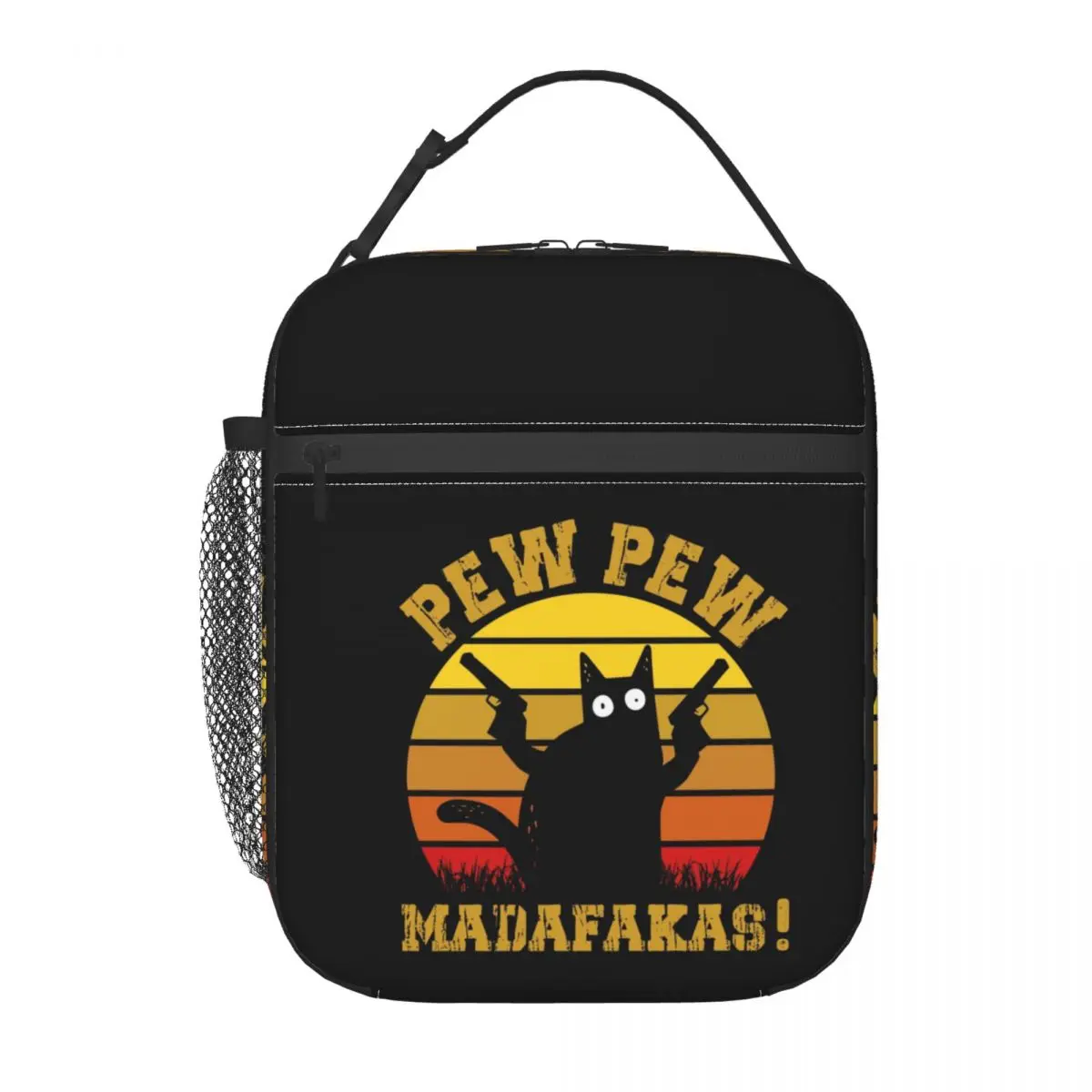 Custom Vintage Funny Black Cat Insulated Lunch Tote Bag Women Funny Pew Pew Madafakas Resuable Thermal Cooler Food Lunch Box