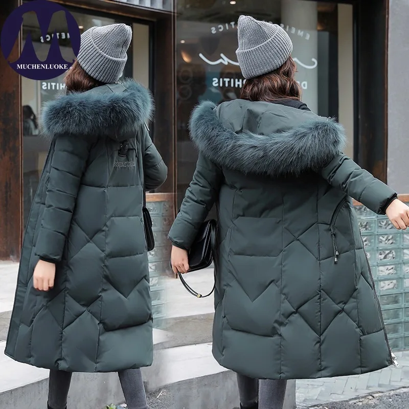 เสื้อแจ็คเก็ตดาวน์ฤดูหนาวสำหรับผู้หญิง ดีไซน์หรูหรา มีฮู้ด แต่งขนเฟอร์ หนา อุ่น ทรงเข้ารูป สไตล์เกาหลี ความยาวปานกลาง