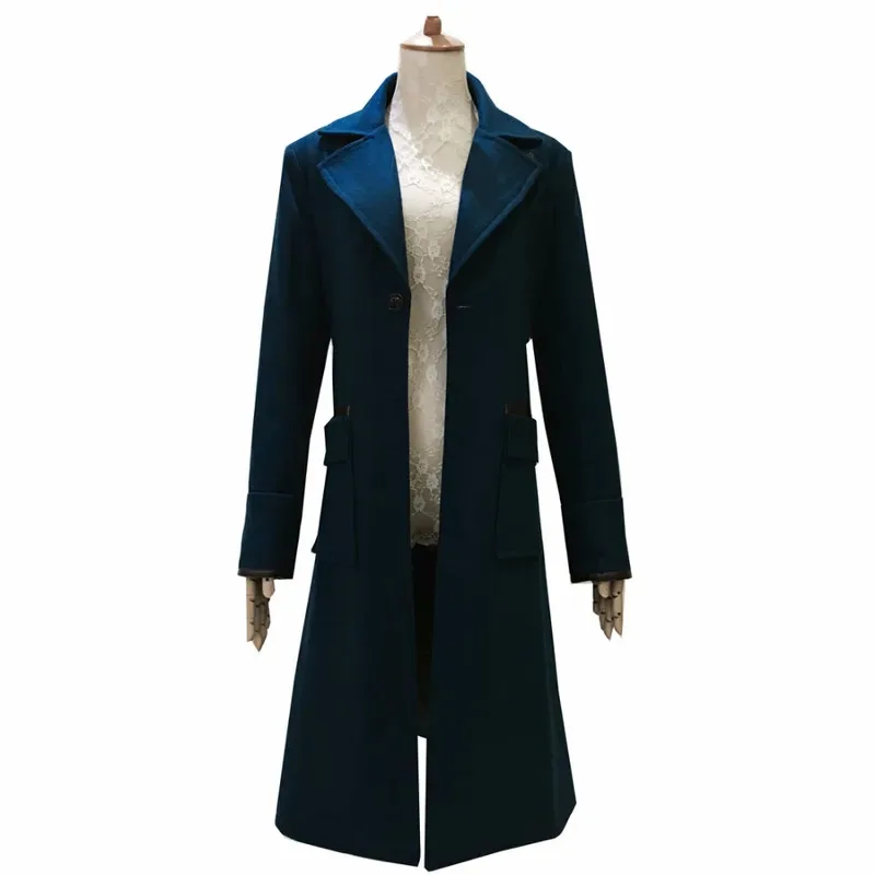 

2025 Fantastic Beasts and Where to Find Them Newt Scamander Blue Trench Cosplay Costume Long Wool Coat Men's Winter Overcoat