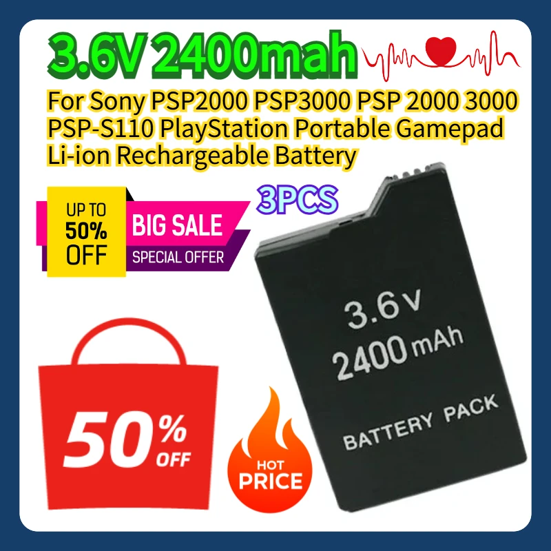 

For Sony PSP2000 PSP3000 PSP 2000 3000 PSP-S110 PlayStation Portable Gamepad 3.6V 2400mah Li-ion Rechargeable Battery 3pcs