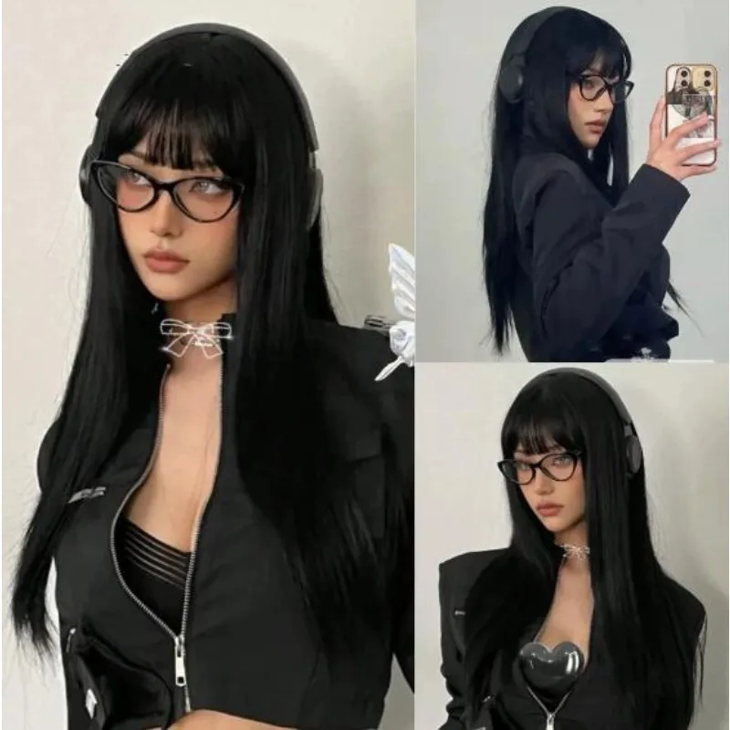 Parrucca con frangia per donna Parrucca lunga diritta con tintura divisa Parrucche sintetiche resistenti al calore Parrucca cosplay per ragazze per uso quotidiano per feste di Halloween