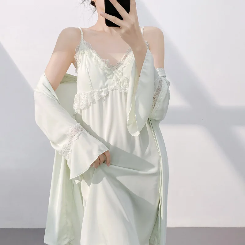 

Ночная рубашка в дворцовом стиле, комплект из 2 предметов, халат, женская атласная кружевная лоскутная ночная рубашка, короткое кимоно, банный халат, нижнее белье, женская домашняя одежда
