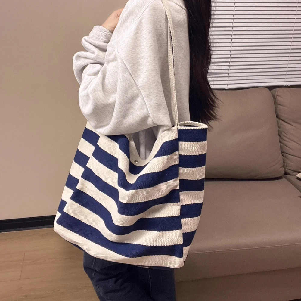 

CICU Canvas Stripe Woman Tote Handbag Simple Casual Reusable Female Shopping Purse Square Vintage Large Capacity Shoulder Bag